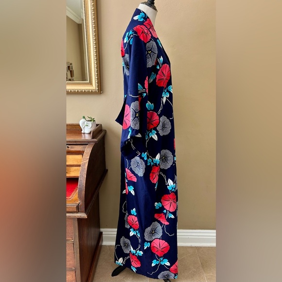 Japanese Floral Kimono Yukata Cotton Long Robe Navy Blue Red Morning Glory - Picture 9 of 11